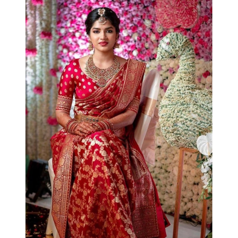 Mayawye Women's Litchi silk Printed Saree With Unstitched Blouse (Red)