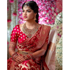 Mayawye Women's Litchi silk Printed Saree With Unstitched Blouse (Red)
