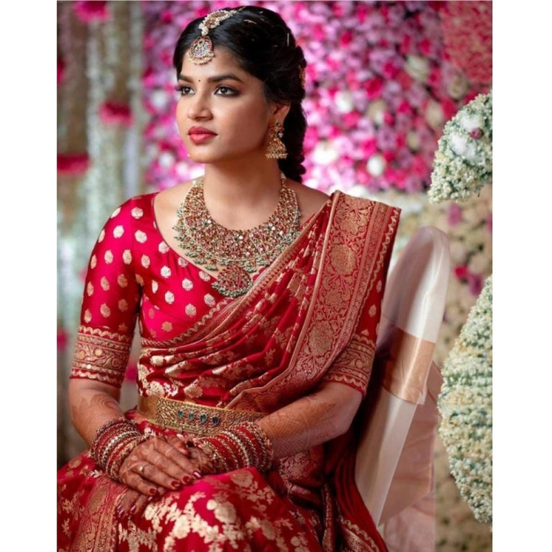 Mayawye Women's Litchi silk Printed Saree With Unstitched Blouse (Red)