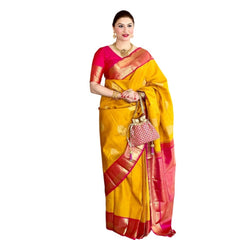 Mayawye Women's Litchi silk Printed Saree With Unstitched Blouse (Yellow)