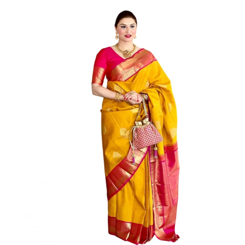 Mayawye Women's Litchi silk Printed Saree With Unstitched Blouse (Yellow)