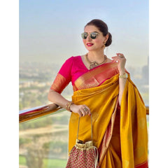 Mayawye Women's Litchi silk Printed Saree With Unstitched Blouse (Yellow)