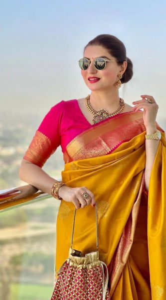 Mayawye Women's Litchi silk Printed Saree With Unstitched Blouse (Yellow)