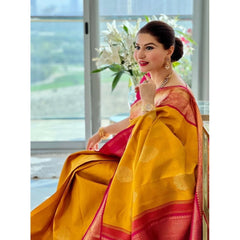 Mayawye Women's Litchi silk Printed Saree With Unstitched Blouse (Yellow)