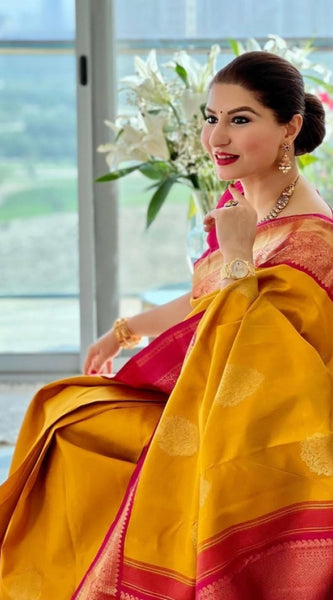 Mayawye Women's Litchi silk Printed Saree With Unstitched Blouse (Yellow)