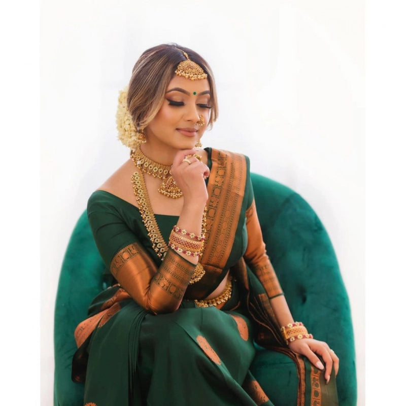 Mayawye Women's Litchi silk Printed Saree With Unstitched Blouse (Green)