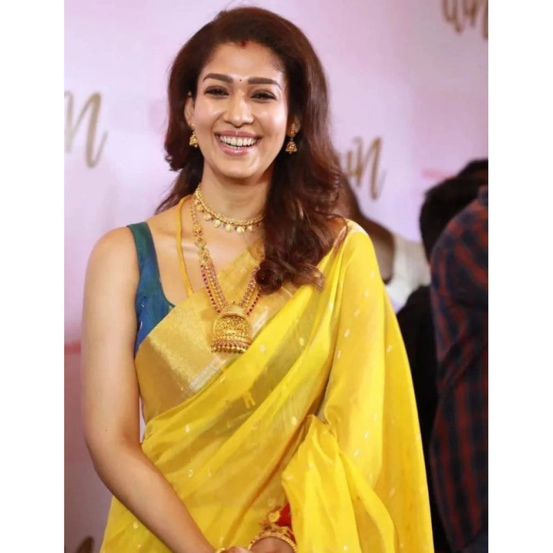 Mayawye Women's Litchi silk Printed Saree With Unstitched Blouse (Yellow)