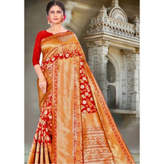 Mayawye Women's Litchi silk Printed Saree With Unstitched Blouse (Red)