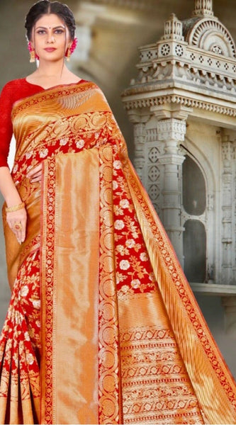 Mayawye Women's Litchi silk Printed Saree With Unstitched Blouse (Red)