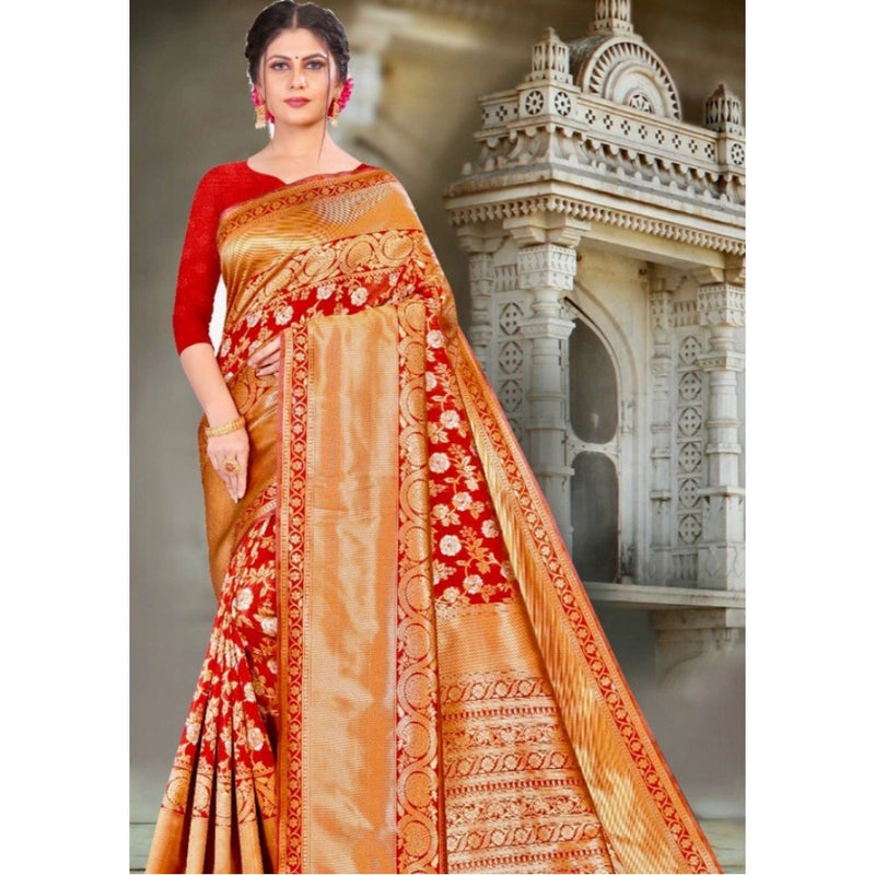 Mayawye Women's Litchi silk Printed Saree With Unstitched Blouse (Red)