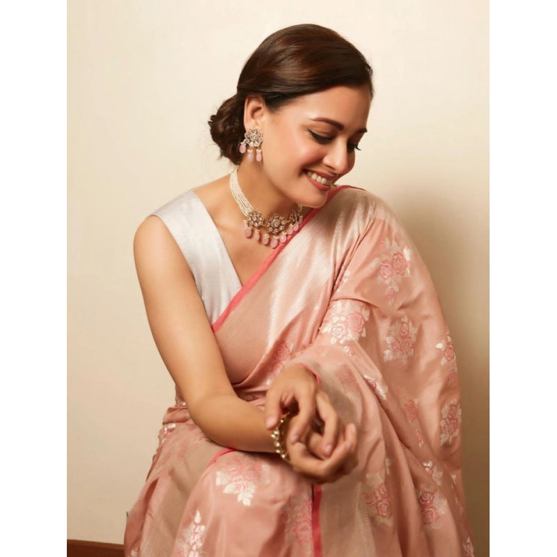 Mayawye Women's Litchi silk Printed Saree With Unstitched Blouse (Peach)