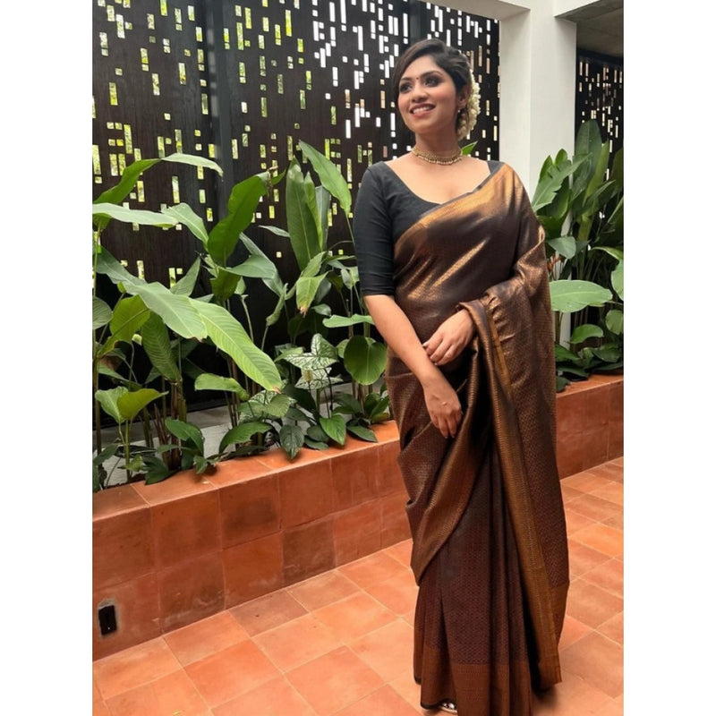 Mayawye Women's Litchi silk Printed Saree With Unstitched Blouse (Gold)