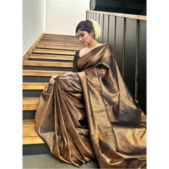 Mayawye Women's Litchi silk Printed Saree With Unstitched Blouse (Gold)