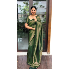 Mayawye Women's Litchi silk Printed Saree With Unstitched Blouse (Green)