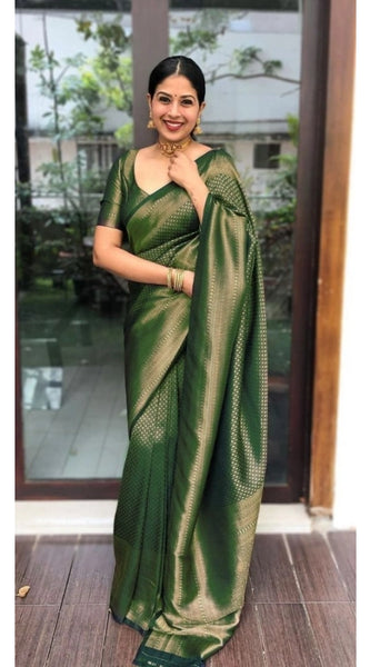 Mayawye Women's Litchi silk Printed Saree With Unstitched Blouse (Green)