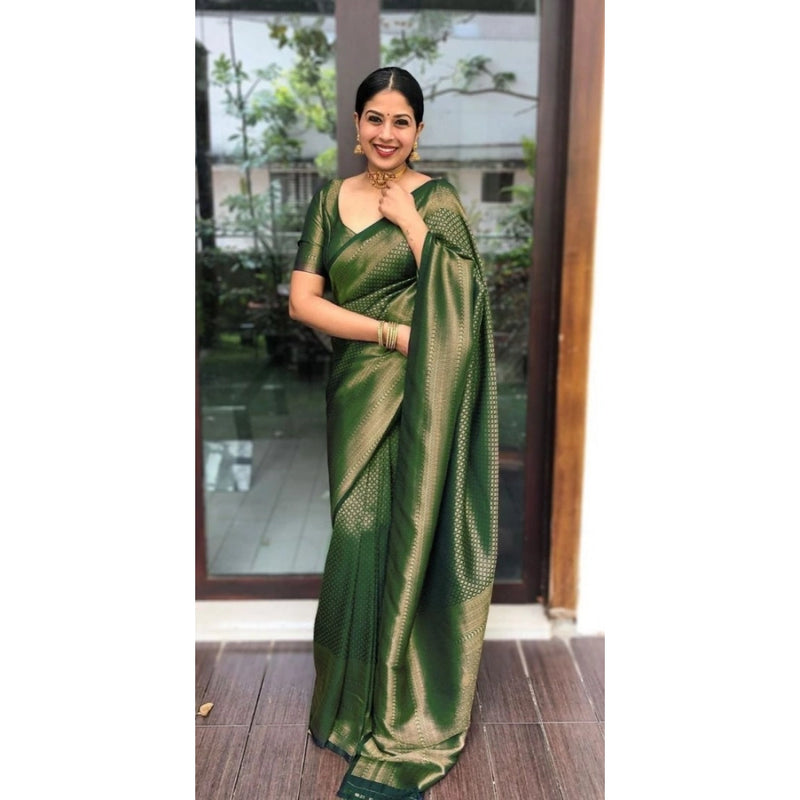 Mayawye Women's Litchi silk Printed Saree With Unstitched Blouse (Green)