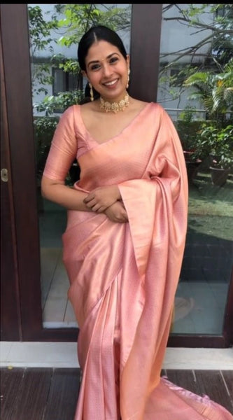 Mayawye Women's Litchi silk Printed Saree With Unstitched Blouse (Peach)