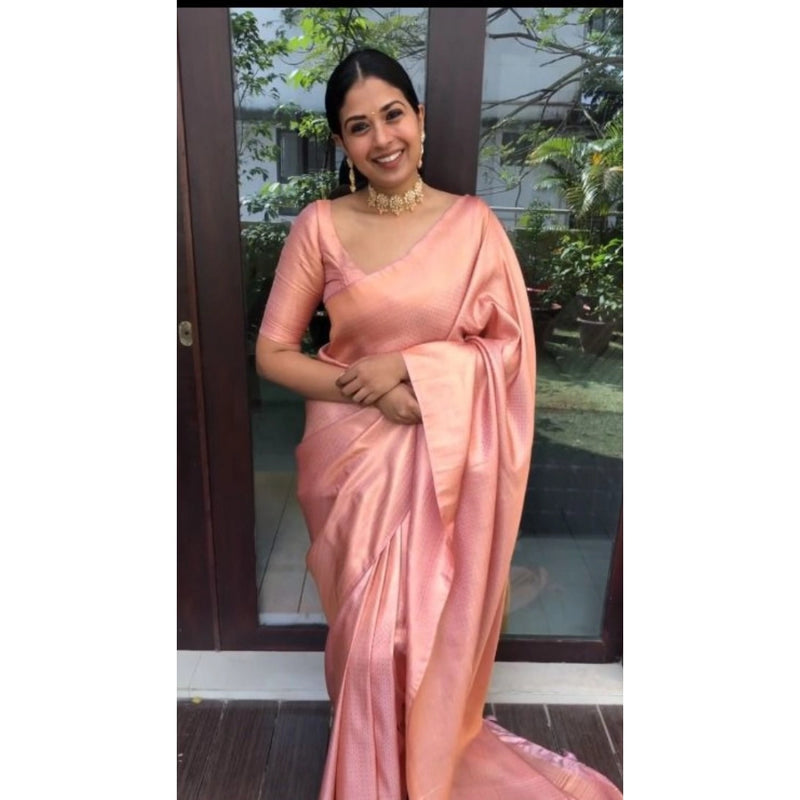Mayawye Women's Litchi silk Printed Saree With Unstitched Blouse (Peach)
