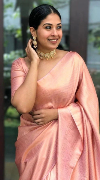Mayawye Women's Litchi silk Printed Saree With Unstitched Blouse (Peach)