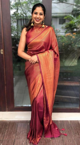 Mayawye Women's Litchi silk Printed Saree With Unstitched Blouse (Red)