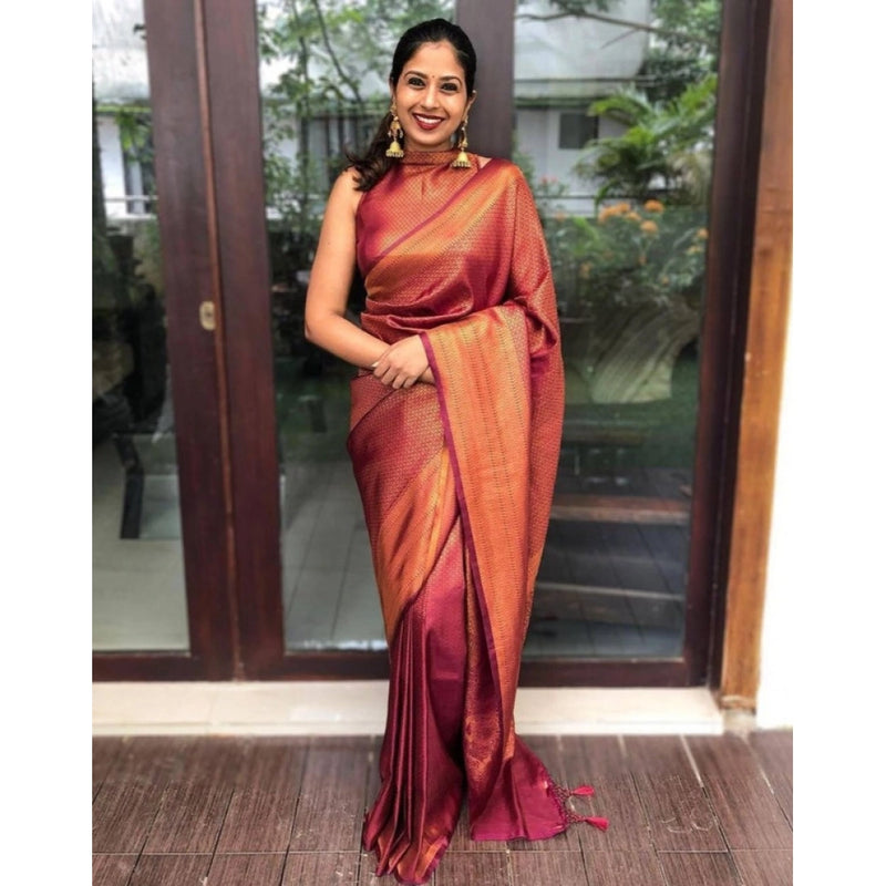 Mayawye Women's Litchi silk Printed Saree With Unstitched Blouse (Red)