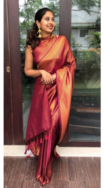 Mayawye Women's Litchi silk Printed Saree With Unstitched Blouse (Red)