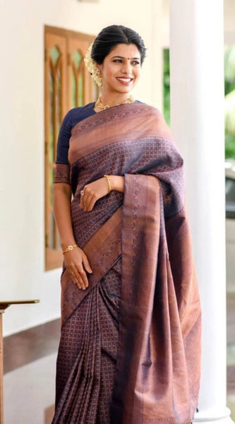 Mayawye Women's Litchi silk Printed Saree With Unstitched Blouse (Navy Blue)