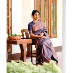 Mayawye Women's Litchi silk Printed Saree With Unstitched Blouse (Navy Blue)