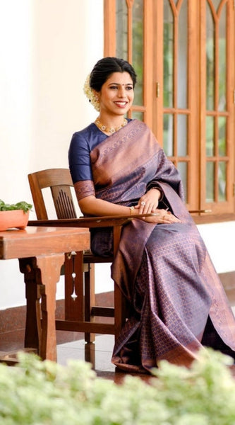 Mayawye Women's Litchi silk Printed Saree With Unstitched Blouse (Navy Blue)