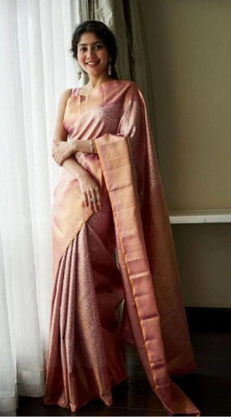 Mayawye Women's Litchi silk Printed Saree With Unstitched Blouse (Light Pink)