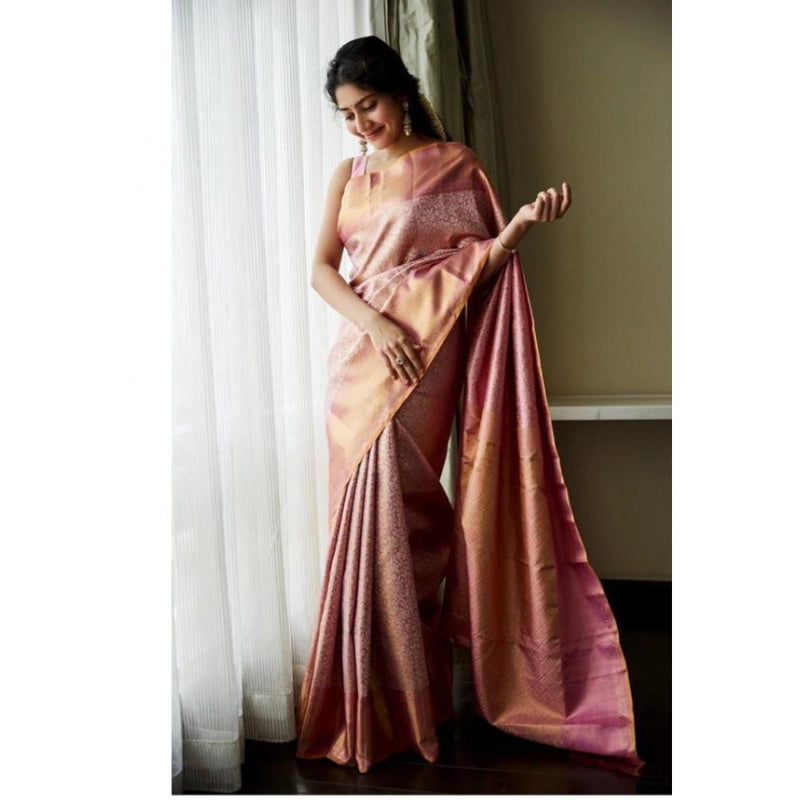 Mayawye Women's Litchi silk Printed Saree With Unstitched Blouse (Light Pink)