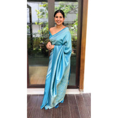 Mayawye Women's Litchi silk Printed Saree With Unstitched Blouse (Sky Blue)