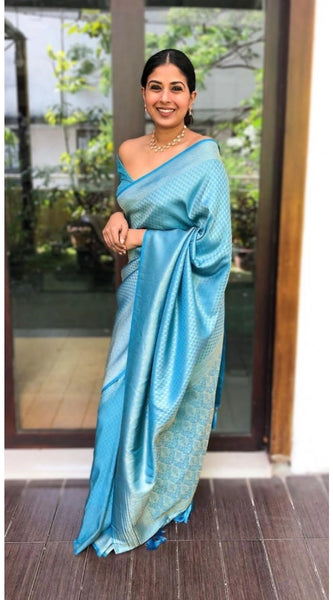 Mayawye Women's Litchi silk Printed Saree With Unstitched Blouse (Sky Blue)