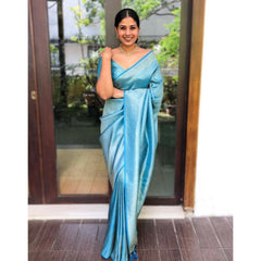 Mayawye Women's Litchi silk Printed Saree With Unstitched Blouse (Sky Blue)