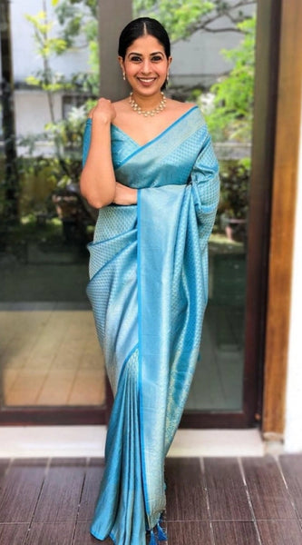 Mayawye Women's Litchi silk Printed Saree With Unstitched Blouse (Sky Blue)