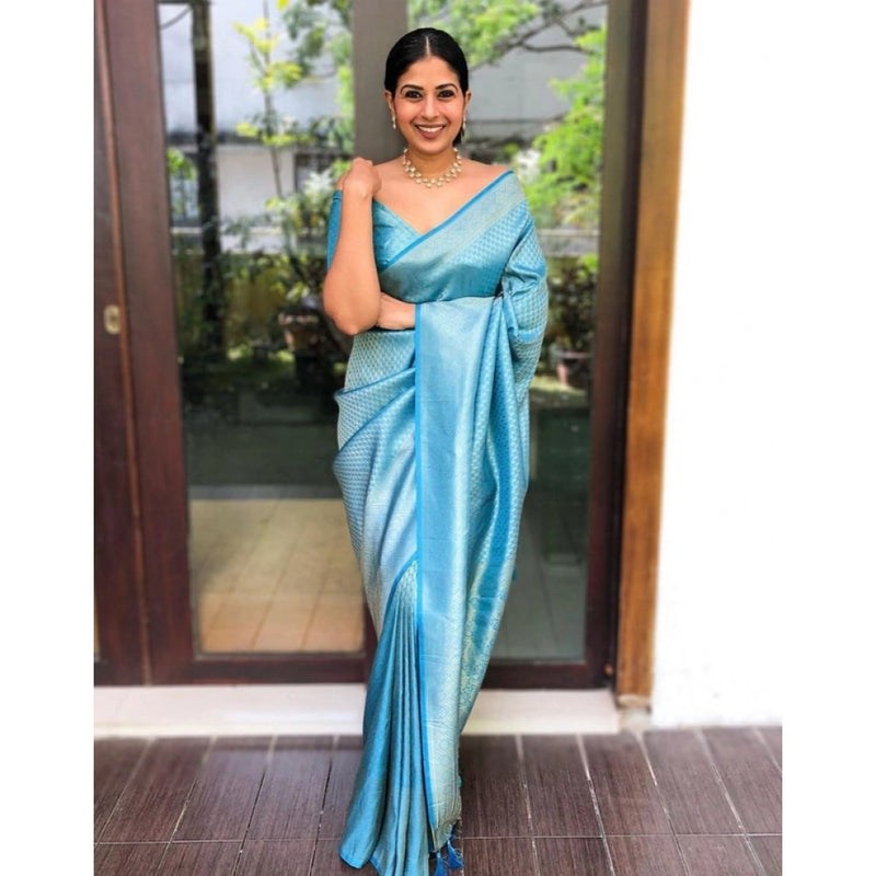 Mayawye Women's Litchi silk Printed Saree With Unstitched Blouse (Sky Blue)