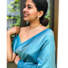 Mayawye Women's Litchi silk Printed Saree With Unstitched Blouse (Sky Blue)