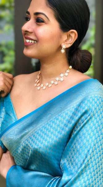Mayawye Women's Litchi silk Printed Saree With Unstitched Blouse (Sky Blue)