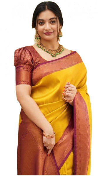 Mayawye Women's Soft Litchi Silk Jacquard Work Saree With Unstitched Blouse 5.5Mtr (Yellow)