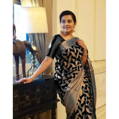 Mayawye Women's Litchi silk Printed Saree With Unstitched Blouse (Black)