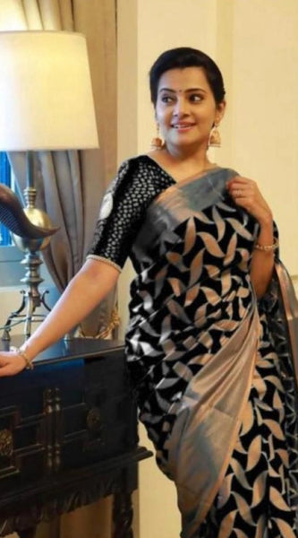 Mayawye Women's Litchi silk Printed Saree With Unstitched Blouse (Black)