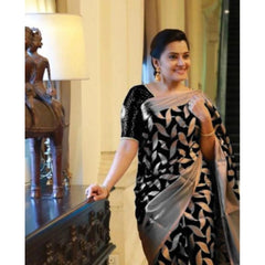 Mayawye Women's Litchi silk Printed Saree With Unstitched Blouse (Black)