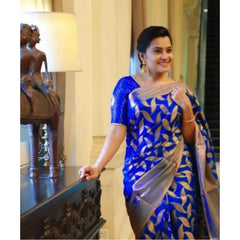 Mayawye Women's Litchi silk Printed Saree With Unstitched Blouse (Blue)