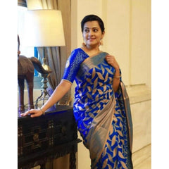 Mayawye Women's Litchi silk Printed Saree With Unstitched Blouse (Blue)