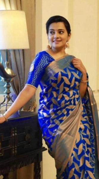 Mayawye Women's Litchi silk Printed Saree With Unstitched Blouse (Blue)