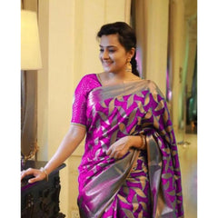 Mayawye Women's Litchi silk Printed Saree With Unstitched Blouse (Pink)