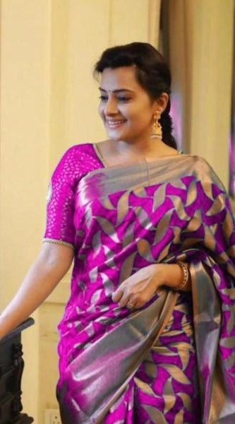 Mayawye Women's Litchi silk Printed Saree With Unstitched Blouse (Pink)