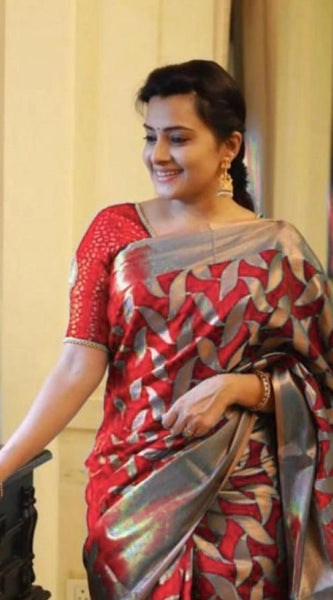 Mayawye Women's Litchi silk Printed Saree With Unstitched Blouse (Red)