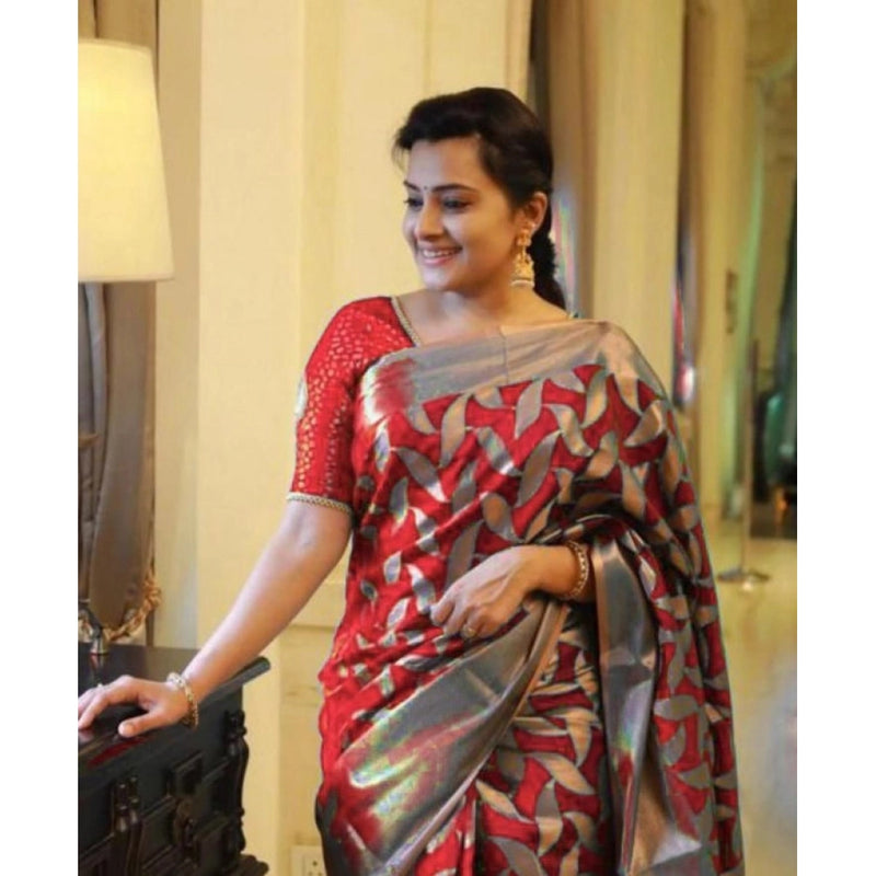Mayawye Women's Litchi silk Printed Saree With Unstitched Blouse (Red)