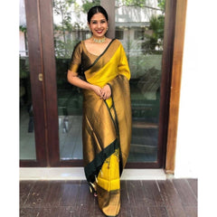 Mayawye Women's Litchi silk Printed Saree With Unstitched Blouse (Yellow)